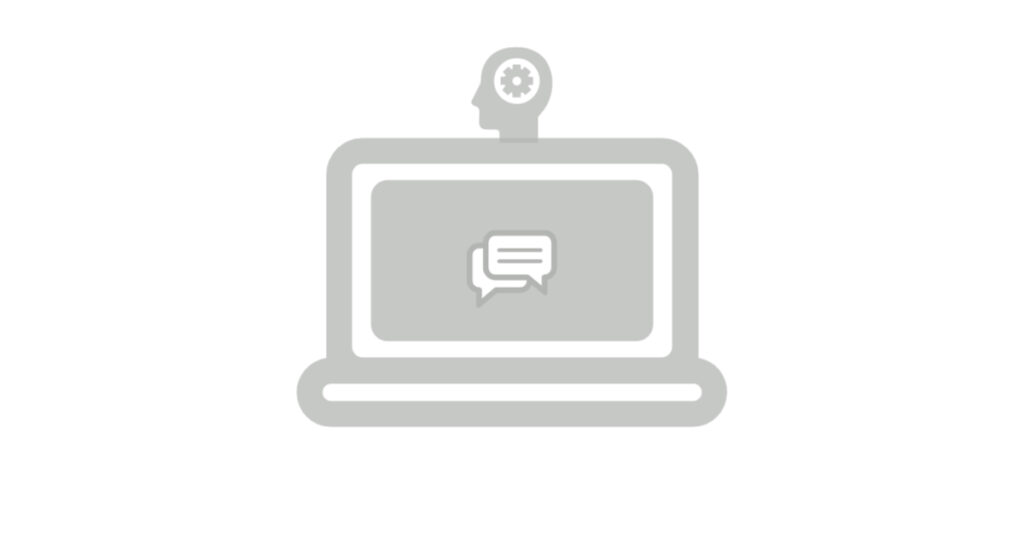computer with messaging bubble on the screen and silhouette of a head with a gear coming from top of computer. 