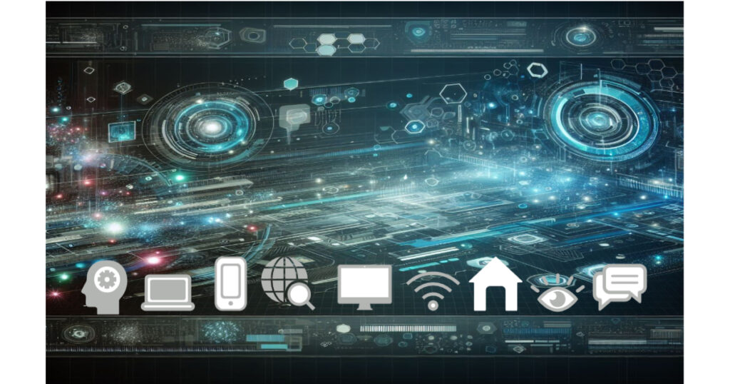 technology background with shapes referencing digital studies, the web and types of devices.
