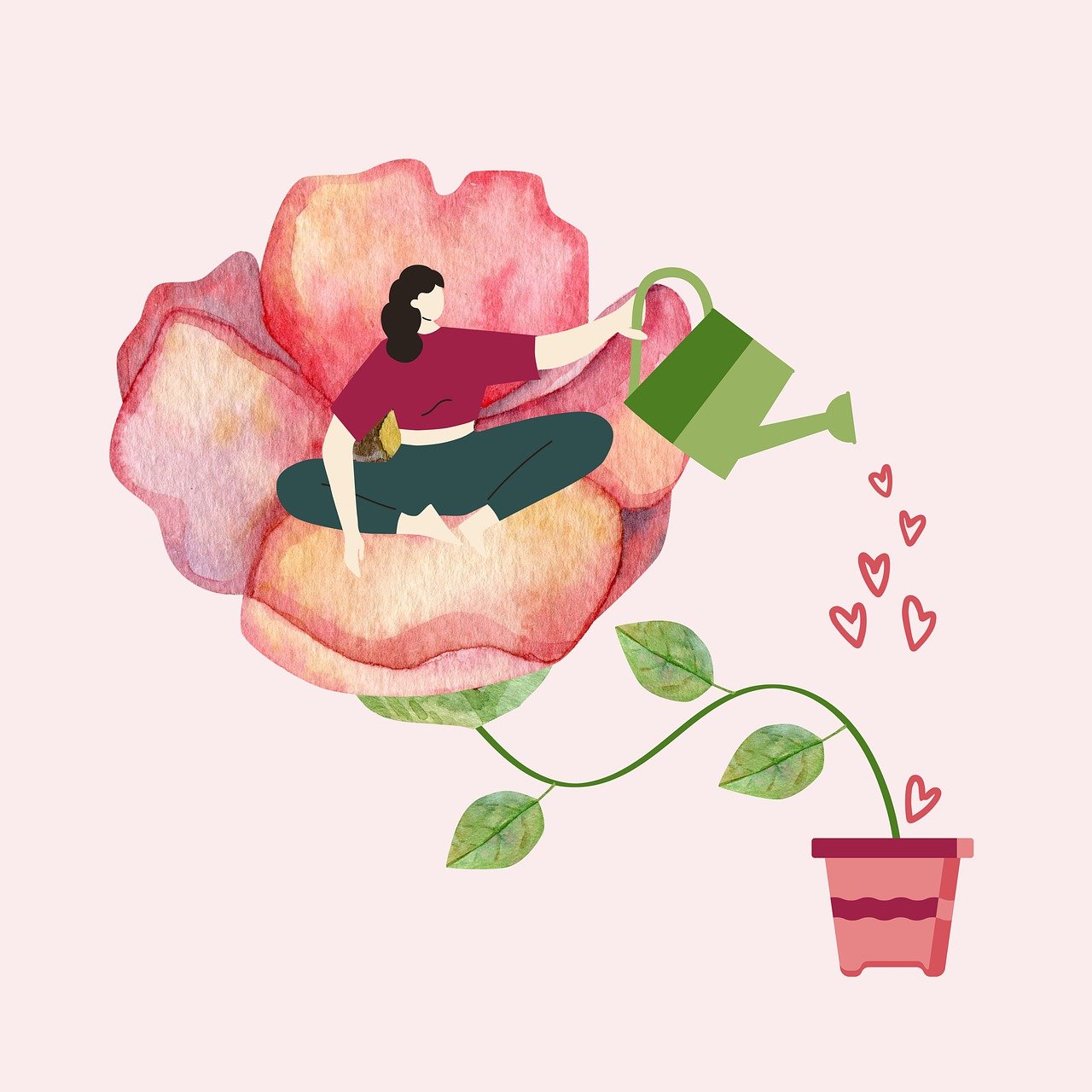 woman inside a flower watering herself with hearts and love symbolizing self-love and growth.